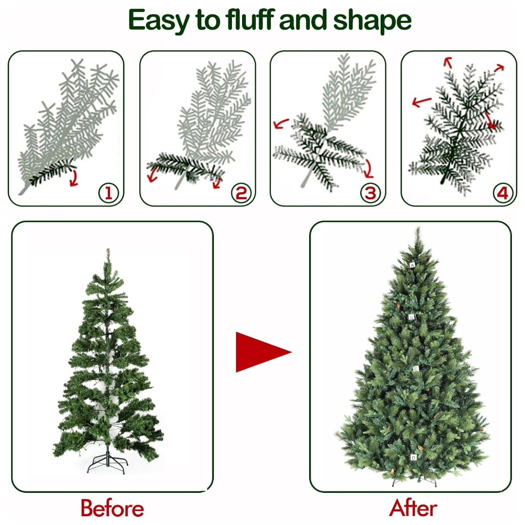 Hykolity 6.5'/7.5'/9' Lifelike Prelit Christmas Tree with Warm White LED Lights, Branch Tips, Pinecones, Metal Stand and Hinged Branches