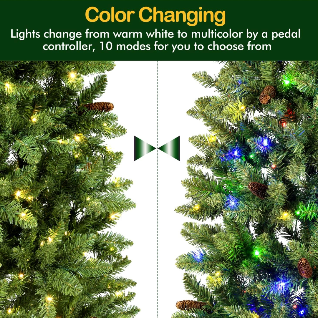Hykolity 6.5'/7.5'/9' Prelit Pencil Slim Christmas Tree with Color Changing LED Lights, Branch Tips, Metal Stand and Hinged Branches, 10 Color Modes