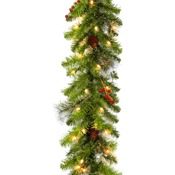 Hykolity 9ft/12ft Pre-lit Christmas Garland with Warm White Lights, Artificial Christmas Garland, Adorned with Pinecones, Red Berries, Plug in