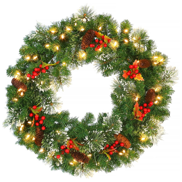 Hykolty 24''/30''/36'' Pre-Lit Artificial Christmas Wreath Wintry Pine with Warm White LED Lights, Battery Operated, Adorned with Pinecones, Red Berries, Holly Leaves and Snowflakes