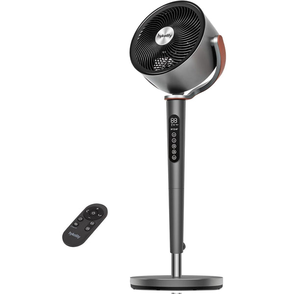 HYKOLITY Large Pedestal Fan 120° Quiet Osciallating Fan for Bedroom 85ft Air Circulator Standing Floor Fans With Remote DC Motor 20db 12H Timer 37-45 inch Adjustable Height 12 Speeds 5 Modes