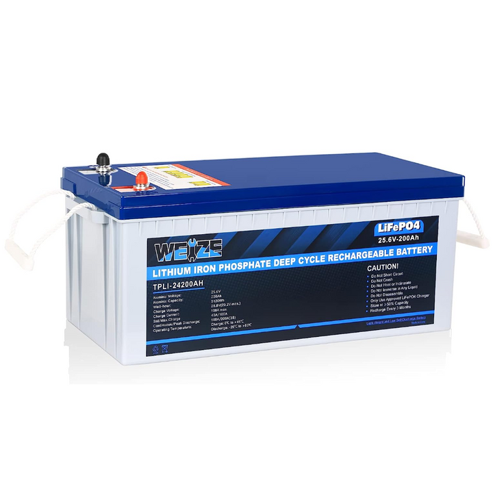 24V 200Ah LiFePO4 Lithium Battery, Built-in 100A Smart BMS, Up to 8000 Deep Cycles, 5120Wh Rechargeable Battery, Perfect for RV, Solar System, Marine, and Off Grid Applications WEIZE