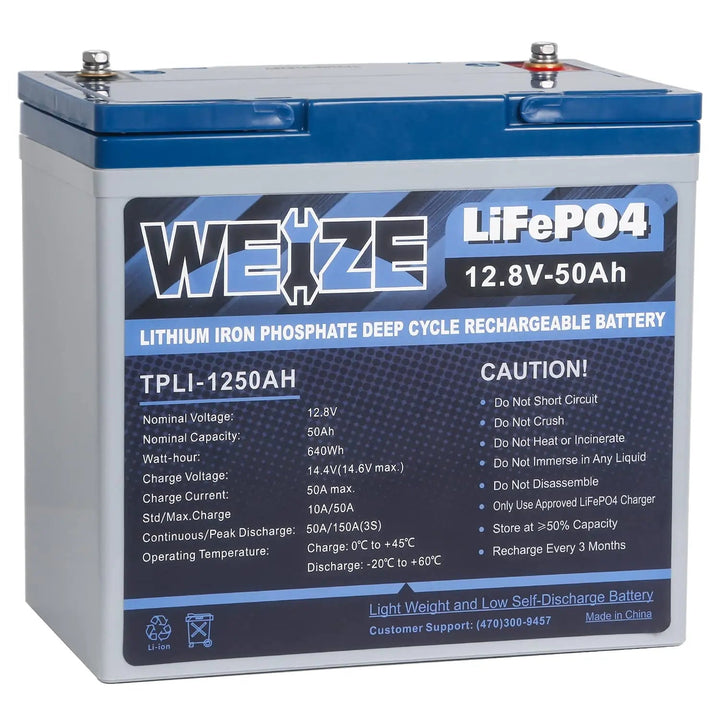 12V 50Ah 640Wh Lithium Iron Phosphate Battery Built-in Smart BMS Up to 8000 Deep Cycles WEIZE