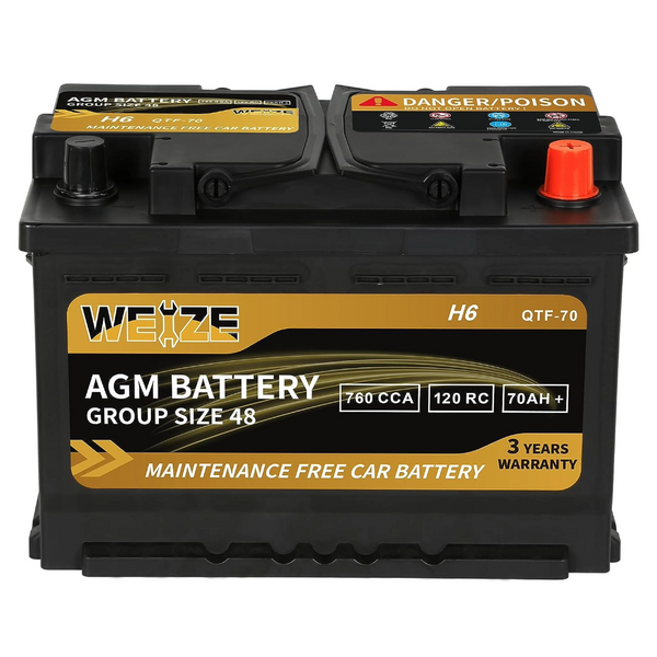 Weize Platinum AGM Battery BCI Group 48-12v 70ah H6 Size 48 Automotive Battery, 120RC, 760CCA, 36 Months Warranty WEIZE