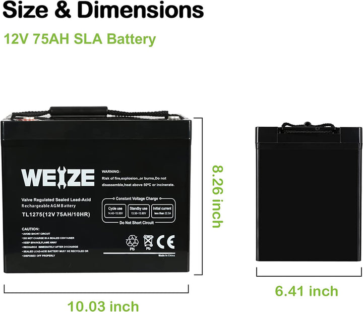 12V 75AH Deep Cycle Battery for Wayne ESP25 WSS30V Backup Sump Pump, Trolling Motor, Solar System, Mobility Wheelchair, General Use WEIZE