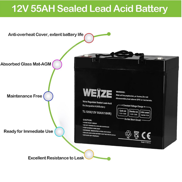 12V 55AH Deep Cycle Battery UB12550 for Power Scooter Wheelchair Mobility Emergency UPS System Trolling Motor WEIZE