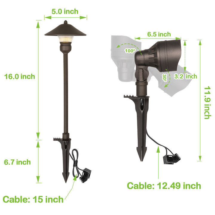 LED Landscape Light Kits For Pathway, 12V AC, 10W 390LM Spot Light (2 Heads) + 3W 150LM Flood Light (6 Heads), ORB Finish, Driver & Cable NOT included in Kit Hykolity.com
