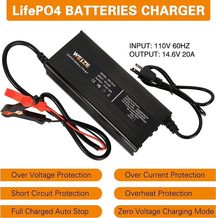 14.6V 20A LiFePO4 Battery Charger, Intelligent AC-DC LiFePO4 Lithium Battery Smart Charger for 12V Lithium Iron Phosphate Batteries, Support Fast Charging WEIZE