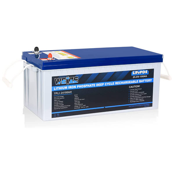 24V 100Ah LiFePO4 Lithium Battery, Built-in 100A Smart BMS, Up to 8000 Deep Cycles, 2560Wh Rechargeable Battery, Perfect for Trolling Motor, RV, Solar, Marine, Overland/Van, Off Grid Application WEIZE