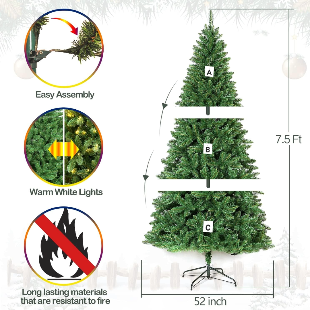 Hykolity 4.5'/6.5'/7.5'/9' Prelit Artificial Christmas Tree with Warm White Lights, Metal Stand and Hinged Branches