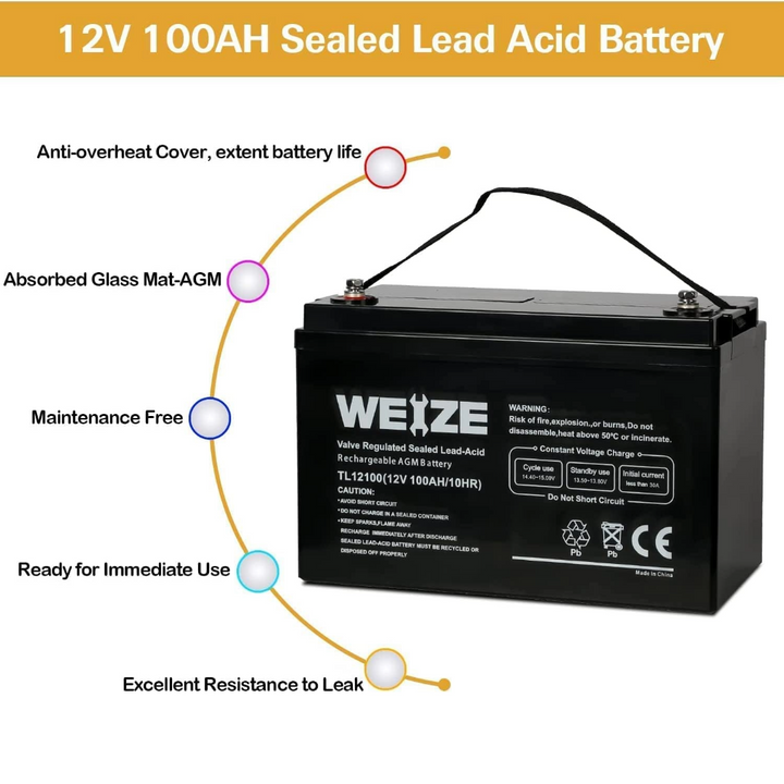 12V 100AH Deep Cycle AGM SLA VRLA Battery for Solar System RV Camping Trolling Motor, Marine, Overland/Van, and Off Grid Applications WEIZE