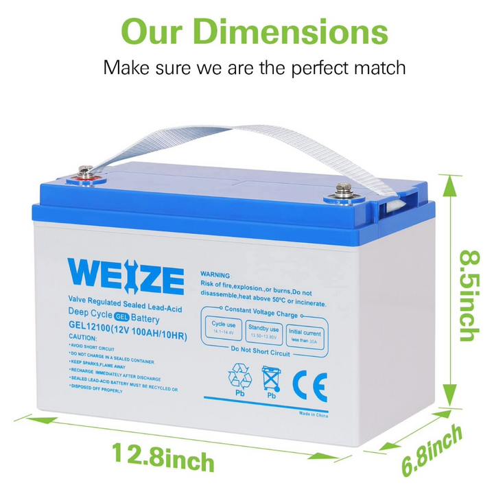 12V 100AH Deep Cycle Gel Battery Rechargeable for Solar, Wind, RV, Marine, Camping, Wheelchair, Trolling Motor and Off Grid Applications WEIZE