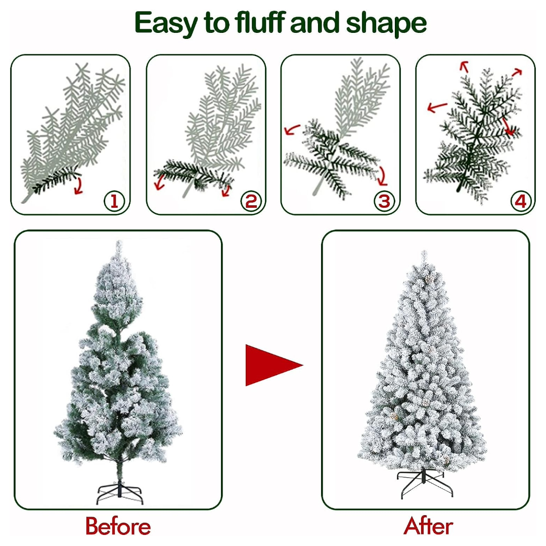 Hykolity 6.5'/7.5'/9' Snow Flocked Artificial Christmas Tree with Pine Cones, Metal Stand and Hinged Branches