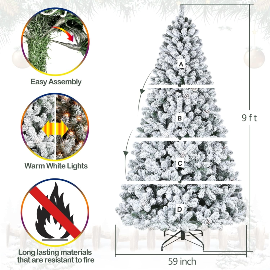 Hykolity 6'/7.5'/9' Snow Flocked Prelit Christmas Tree with Pine Cones, Warm White Lights, Metal Stand and Hinged Branches