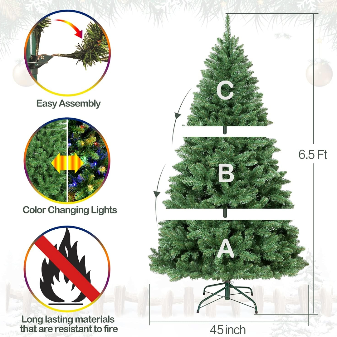Hykolity 6.5'/7.5'/9' Prelit Artificial Christmas Tree with Color Changing LED Lights, Metal Stand and Hinged Branches, 10 Color Modes