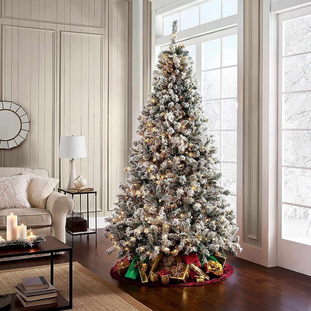 Hykolity 6'/7.5'/9' Snow Flocked Prelit Christmas Tree with Pine Cones, Warm White Lights, Metal Stand and Hinged Branches