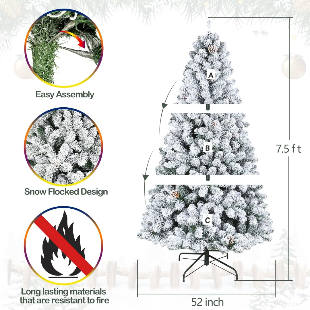 Hykolity 6.5'/7.5'/9' Snow Flocked Artificial Christmas Tree with Pine Cones, Metal Stand and Hinged Branches