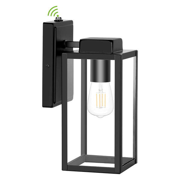 Outdoor Wall Lantern with Sensor, Anti-Rust Wall Mount Light with Clear Glass Shade, Matte Black Wall Lamp with E26 Socket for Porch, Front Door (Bulb Not Included)
